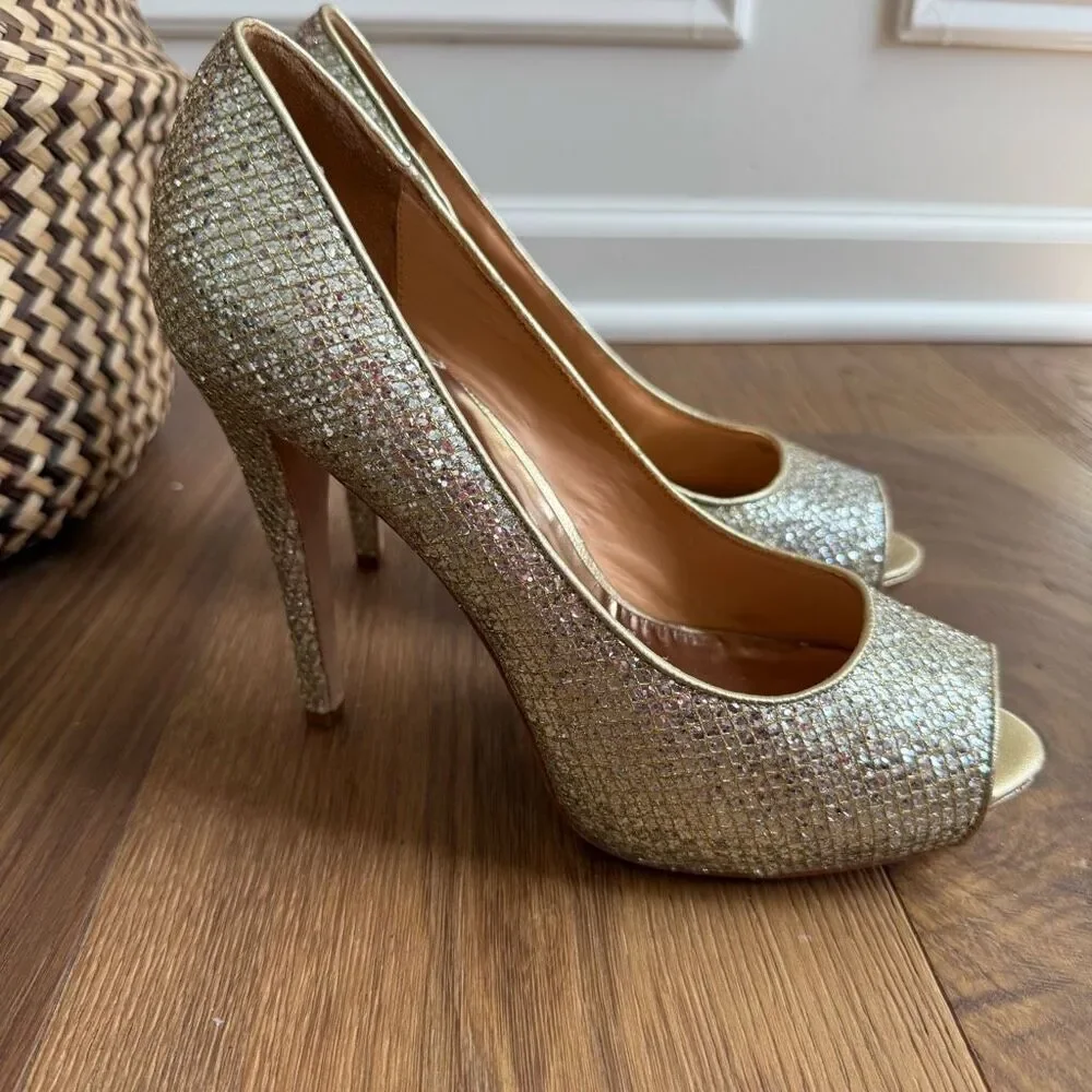 Badgley Mischka Humbie II Glitter Peep Toe Heel Gold Silver 9.5